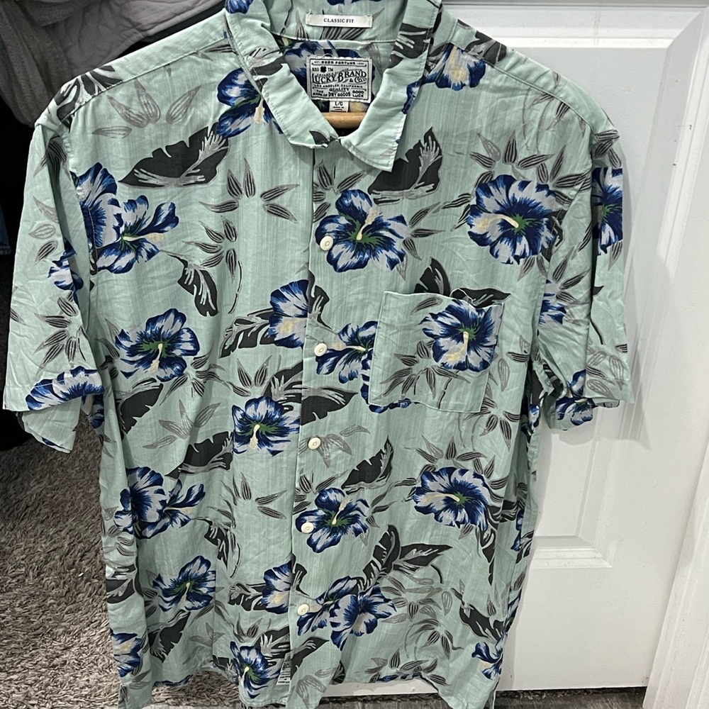 Lucky Brand Men's Green and Blue Floral Shirt